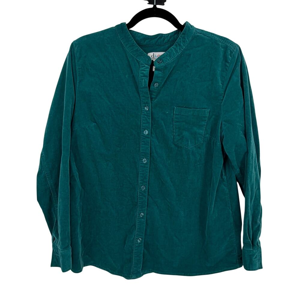 d&co Women's Teal Green Corduroy Collarless Button Up Tunic Top Size Large